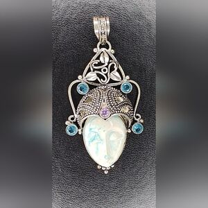 Vintage Silver Tone Celestial Goddess Pendant Bohemian Hippie Charm Blue Swirl
